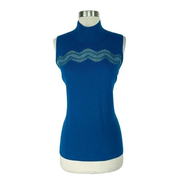 T Tahari Yolana Sleeveless Mock Neck Lace Trim Nautilus Blue Sweater NEW NWT M - Picture 2 of 4